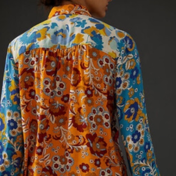Maeve Anthropologie Contrast Print Buttondown Long Sleeve Blouse NWT size XXS - Picture 2 of 14